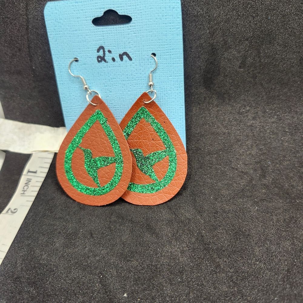Hand Crafted Hummingbird Faux Leather Earrings Teardrop Dangle  Green Glitter